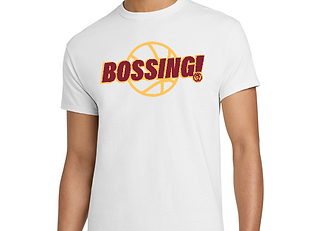 A white “Bossing!” T-shirt from the Sheletta merch line.